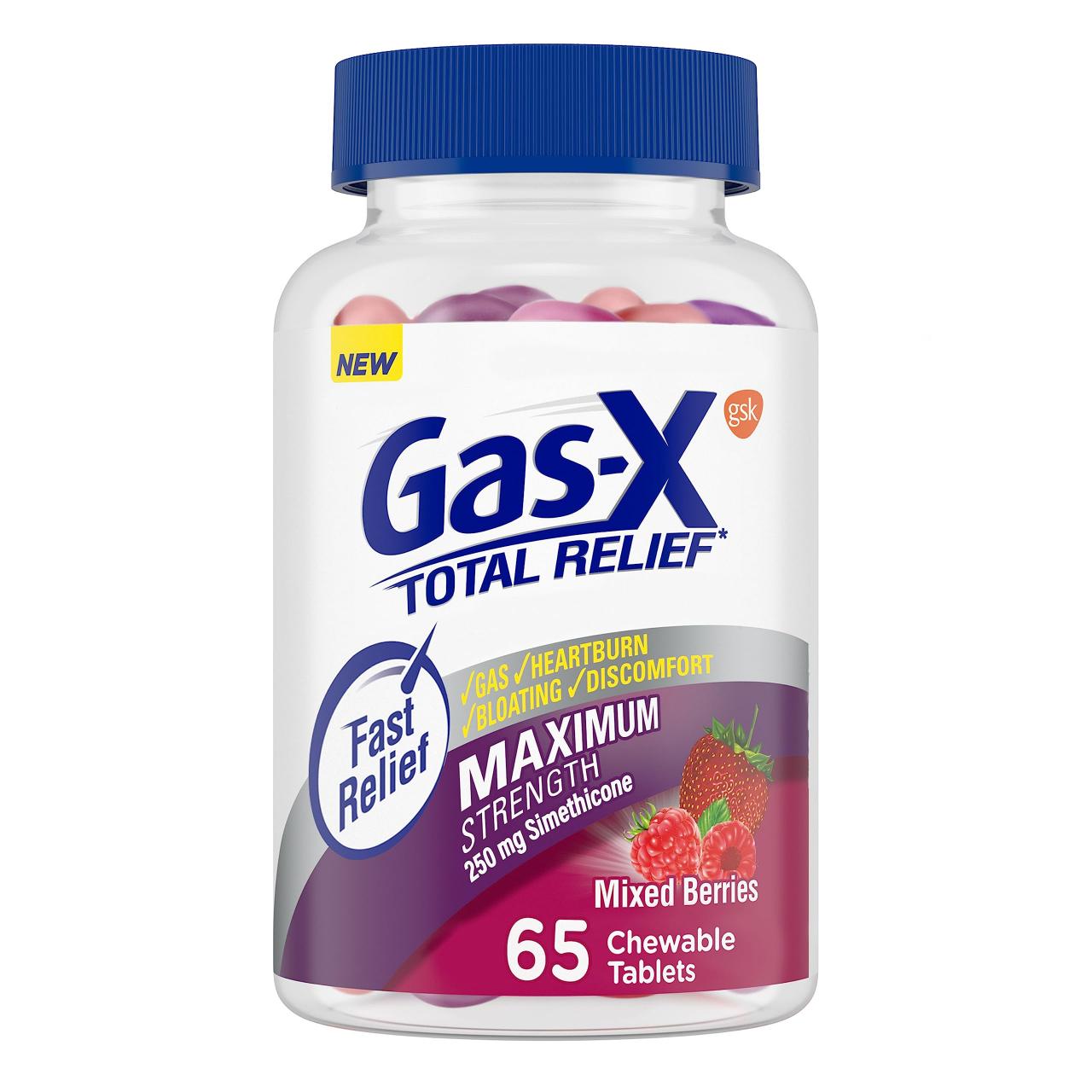 Amazon.Com: Gas-X Total Relief Chewable Tablets With Maximum Strength Gas  Relief Simethicone 250 Mg And Heartburn Relief Calcium Carbonate 750 Mg,  Bloating Relief, Mixed Berries - 65 Count : Health & Household