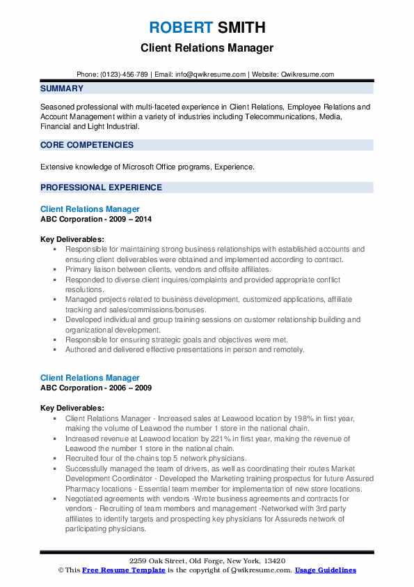 Client Relations Manager Resume Samples | Qwikresume